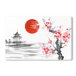 Tradycyjny japoński obraz - kwitnąca wiśnia nad rzeką blisko świątyni