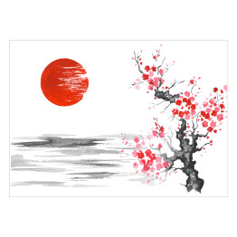 Tradycyjny japoński obraz - kwitnąca wiśnia nad rzeką