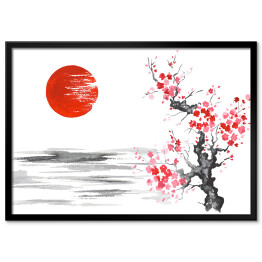Tradycyjny japoński obraz - kwitnąca wiśnia nad rzeką