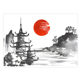 Tradycyjny japoński obraz - góra, świątynia i jezioro 