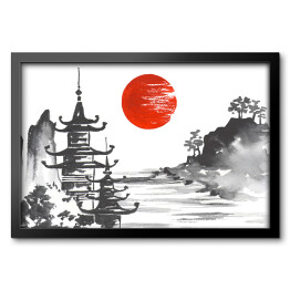 Tradycyjny japoński obraz - góra, świątynia i jezioro 