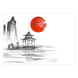 Tradycyjne japońskie malarstwo - altana na jeziorze na tle słońca