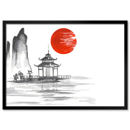 Tradycyjne japońskie malarstwo - altana na jeziorze na tle słońca