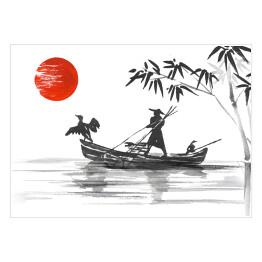Tradycyjny japoński obraz - człowiek w łodzi na rzece