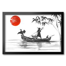 Tradycyjny japoński obraz - człowiek w łodzi na rzece