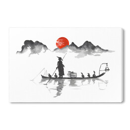 Tradycyjne japońskie malarstwo - podróż łodzią na tle gór