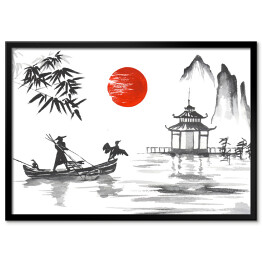 Tradycyjny japoński obraz - człowiek z łodzi przy altanie