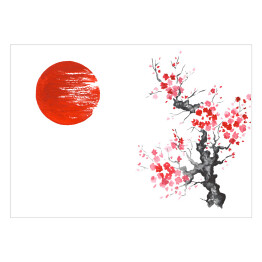 Tradycyjne japońskie malarstwo - słońce i kwitnąca wiśnia