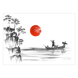 Tradycyjne japońskie malarstwo - porośnięte wzgórza i człowiek w łodzi