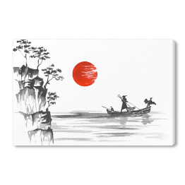 Tradycyjne japońskie malarstwo - porośnięte wzgórza i człowiek w łodzi