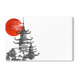 Tradycyjny japoński obraz - Świątynia i słońce