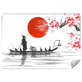 Tradycyjny japoński obraz - Człowiek z łodzi i gałęzie wiśni