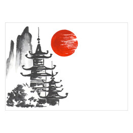Tradycyjny japoński obraz - dwie światynie w górach