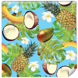 Wzór z ananasem, bananami, orzechami kokosowymi, mango, liśćmi palmowymi i kwiatami