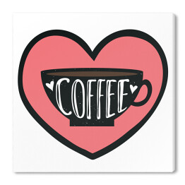 Ilustracja z filiżanką, sercami i słowem "kawa"