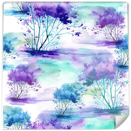 Krzewy i drzewa w odcieniach niebieskiego i fioletu - akwarela
