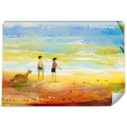 Chłopiec, dziewczynka i pies spacerujący przy brzegu morza