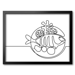 Ryba na talerzu z cytryną i grulą - ilustracja