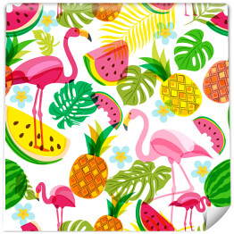Tropikalny wzór z różowymi flamingami, arbuzami i ananasami