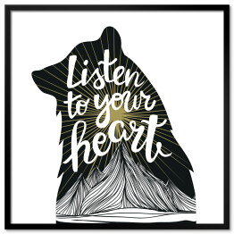 Ilustracja z czarnym niedźwiedziem, słońcem i górami oraz podpisem "posłuchaj swojego serca"