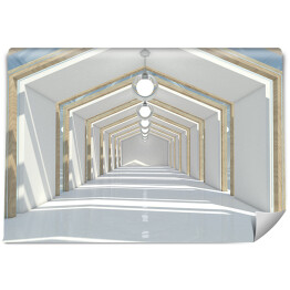 Symetryczny biały korytarz z drewnianymi elementami 3D