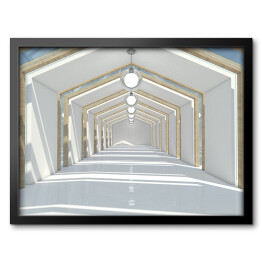 Symetryczny biały korytarz z drewnianymi elementami 3D