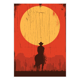 Cowboy jadący na koniu w stronę słońca