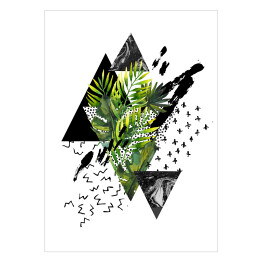 Tropikalne zielone liście i geometryczne figury w odcieniach czerni i szarości