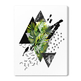 Tropikalne zielone liście i geometryczne figury w odcieniach czerni i szarości