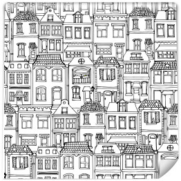 Ręcznie rysowane europejskie domy miejskie spójny wzór. Cute cartoon styl ilustracji wektorowej. Nowoczesna kamienica szkic budynku. Budynki miejskie, kolekcja elementów dekoracyjnych Creative Doodle.