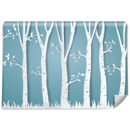 Papierowe białe drzewa na niebieskim tle