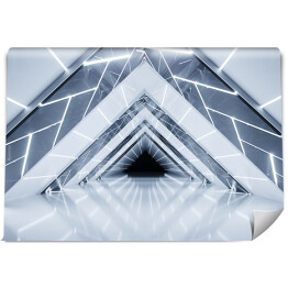 Fototapeta winylowa zmywalna Bright nowoczesny Futuristic Sci-Fi Alien Ship Tunnel With Glowing Abstrakcyjny Shape Lights And Reflective Surface With Black End And Empty Space 3D 