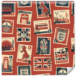Retro Postage Seamless tło. Wektorowy spójny wzór na temat Wielkiej Brytanii i Londynu ze znaczkami pocztowymi i znakami pocztowymi w stylu retro. Może być używany jako tapeta lub papier do pakowania.