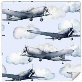 Akwarela bezszwowe wzór z samolotem i chmury. Ręcznie malowane niebo ilustracja z samolotem śmigła izolowane na pastelowym niebieskim tle. Dla projektu, wydruki, tkaniny lub tła.