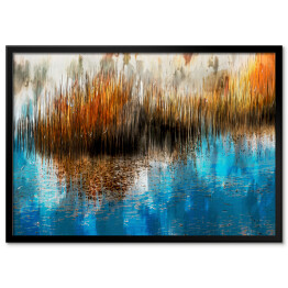 Trawy w jesiennych barwach nad jeziorem - malarstwo olejne - ilustracja