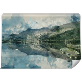Cyfrowa akwarela obraz Panorama krajobraz wiosłowanie łodzi na jeziorze z molo na tle górskim
