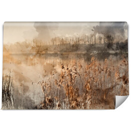 Cyfrowy akwarela obraz Krajobraz jeziora we mgle z blaskiem słońca na wschód słońca