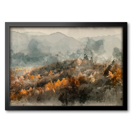 Jesienny las we mgle na tle gór - akwarela