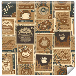 Wektorowy spójny wzór na temat kawy i kawiarni ze znaczkami pocztowymi i znakami pocztowymi w stylu vintage. Odpowiednia tapeta, papier pakowy, tkanina w brązowych kolorach.