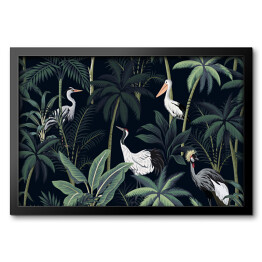 Egzotyczne ptaki wśród tropikalnych drzew na ciemnym tle