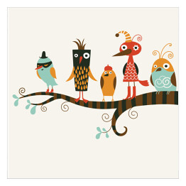 Pięć zabawnych ptaków na gałęzi
