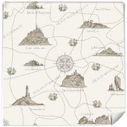 Wektor abstrakcyjny wzór spójny na temat podróży, przygody i odkrycia. Stary ręcznie rysowane mapy z wyspami, latarnie morskie, żaglówki i kropkowane trasy w stylu retro