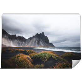 Islandzki skalisty brzeg morza we mgle