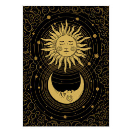 Słońce i księżyc. Ilustracja na ciemnym tle nawiązująca do mistycyzmu