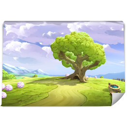 Drzewo na wzgórzu na tle górskiego krajobrazu wiosną - ilustracja do pokoju dziecka