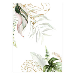 Akwarela - tropikalne kwiaty w jasnych, zielonych i złotych kolorach
