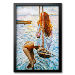 Kobieta na huśtawce na oceanie. Malarstwo