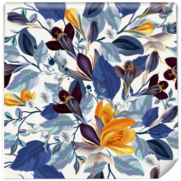 Malowane pomarańczowe i bordowe kwiaty z niebieskimi liśćmi - akwarela