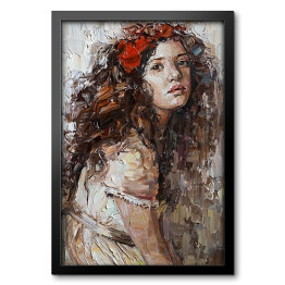 Portret dziewczyny z kwiatami w kręconych włosach. Malarstwo
