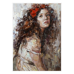 Portret dziewczyny z kwiatami w kręconych włosach. Malarstwo